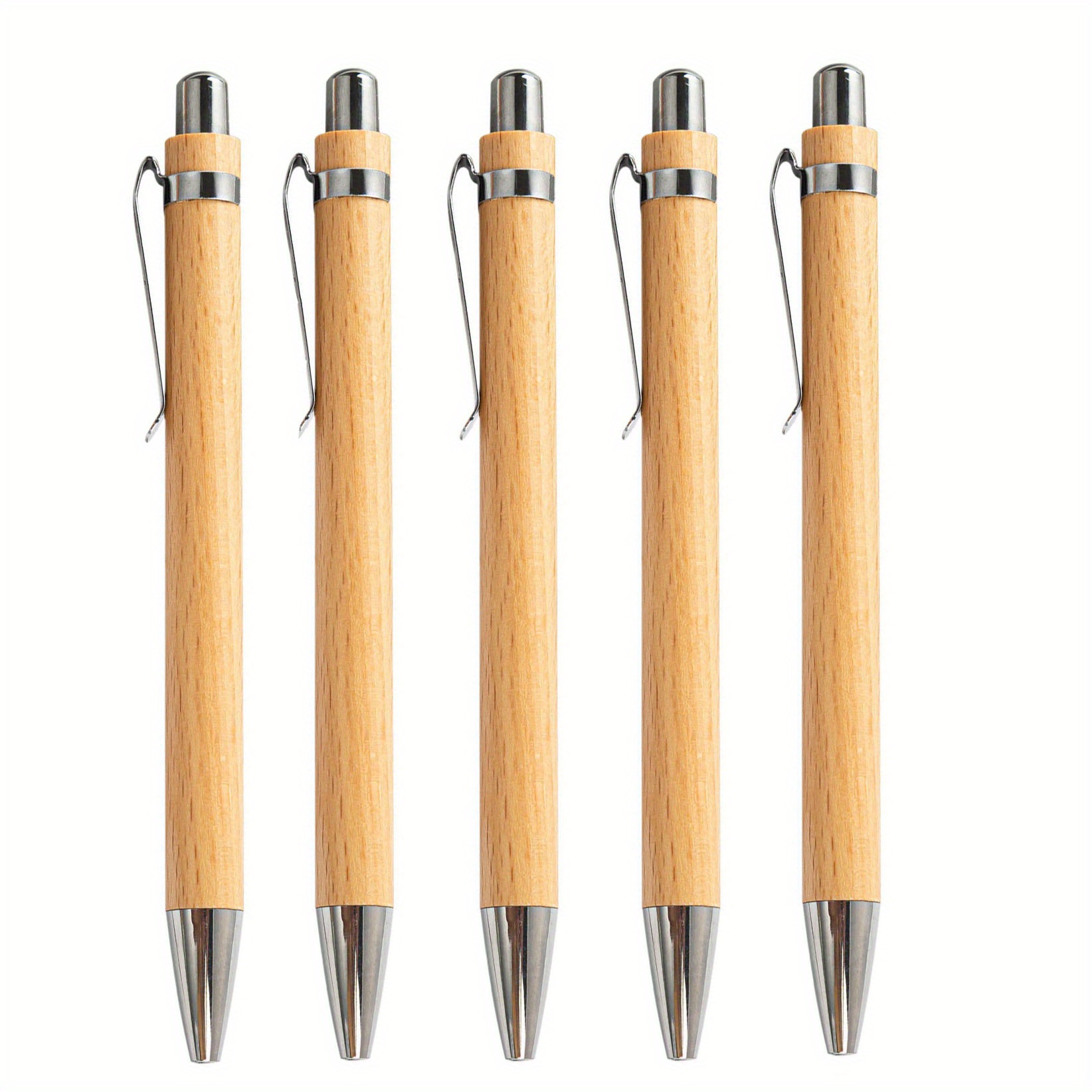 TEMU 5-pack Wooden Ballpoint Pens, Medium Point, Retractable, Ergonomic Round Body, Bamboo Stationery For Office And School Supplies, Suitable For Ages 14+