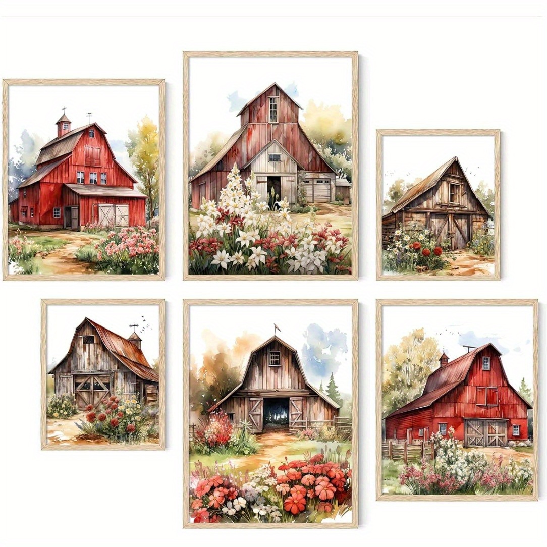 

6pcs Set Of Charming Red Barn Christmas Watercolor Prints - Frameless Art For Festive Home Decor, 8x10 Inches