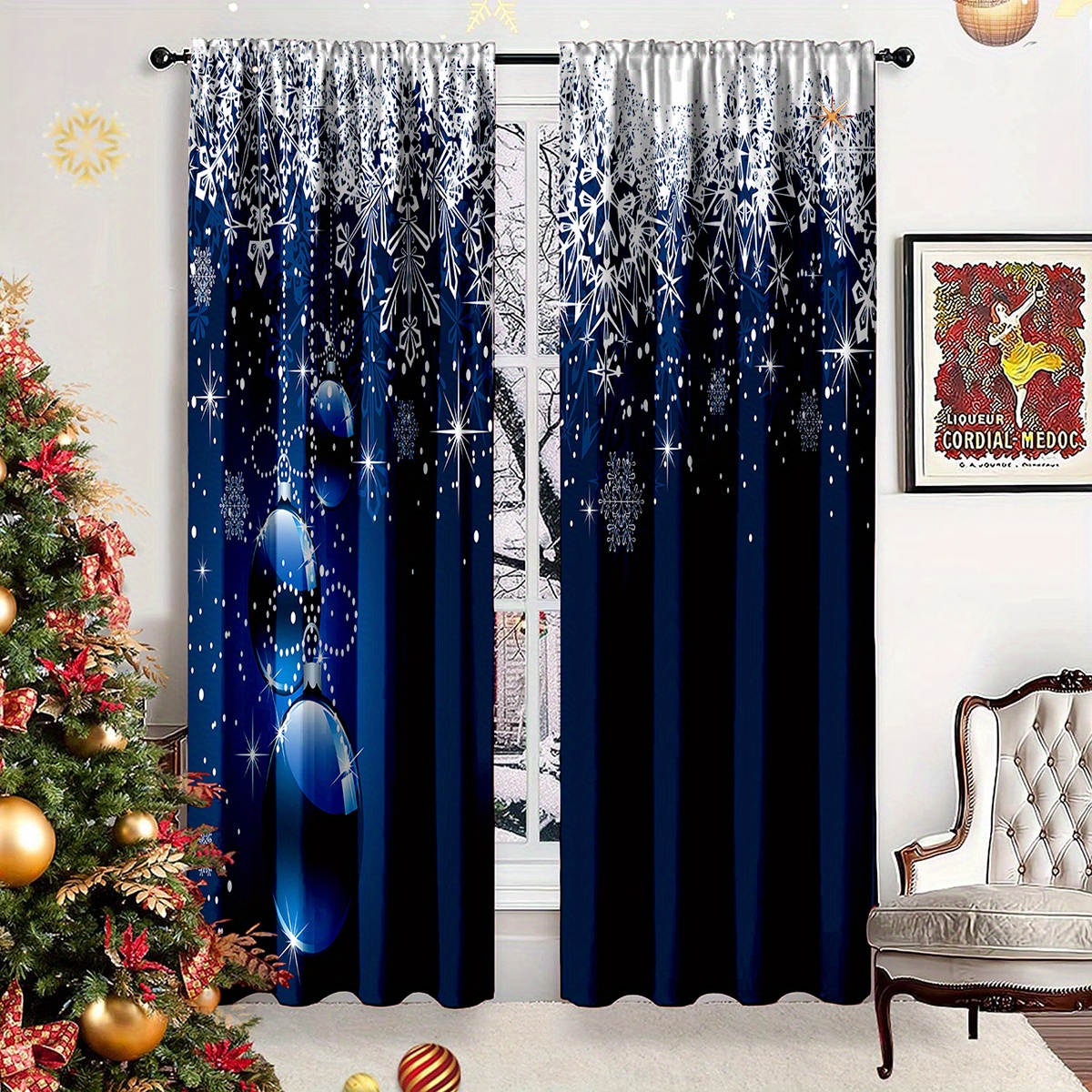 

2pcs Set Blue Snowflake Christmas Curtains - Lightweight, Washable Polyester Drapes For Bedroom, Living Room & Office Decor