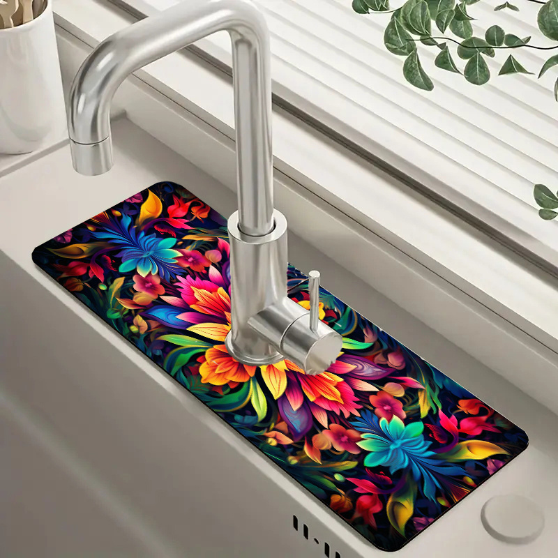 

1pc Mexican Floral Faucet Drip Mat - Moisture-proof & Non-slip, Multi-purpose Sink Drain Pad For Kitchen & Bathroom Countertop Protection