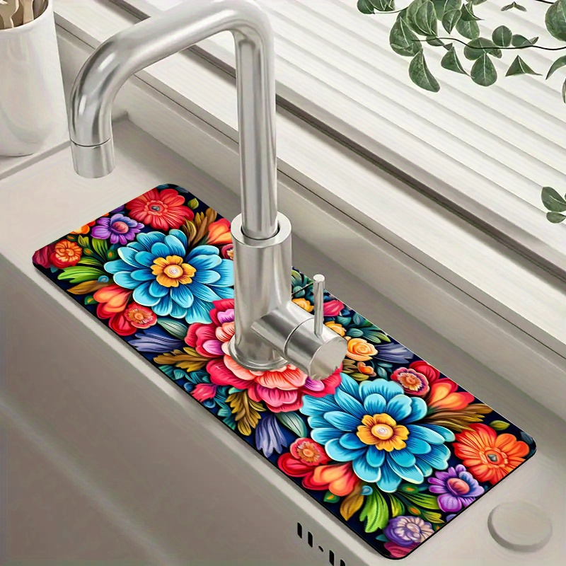 

1pc Mexican Floral Faucet Drip Mat - Moisture-proof, Non-slip Sink Drain Pad For Kitchen & Bathroom Countertop Protection