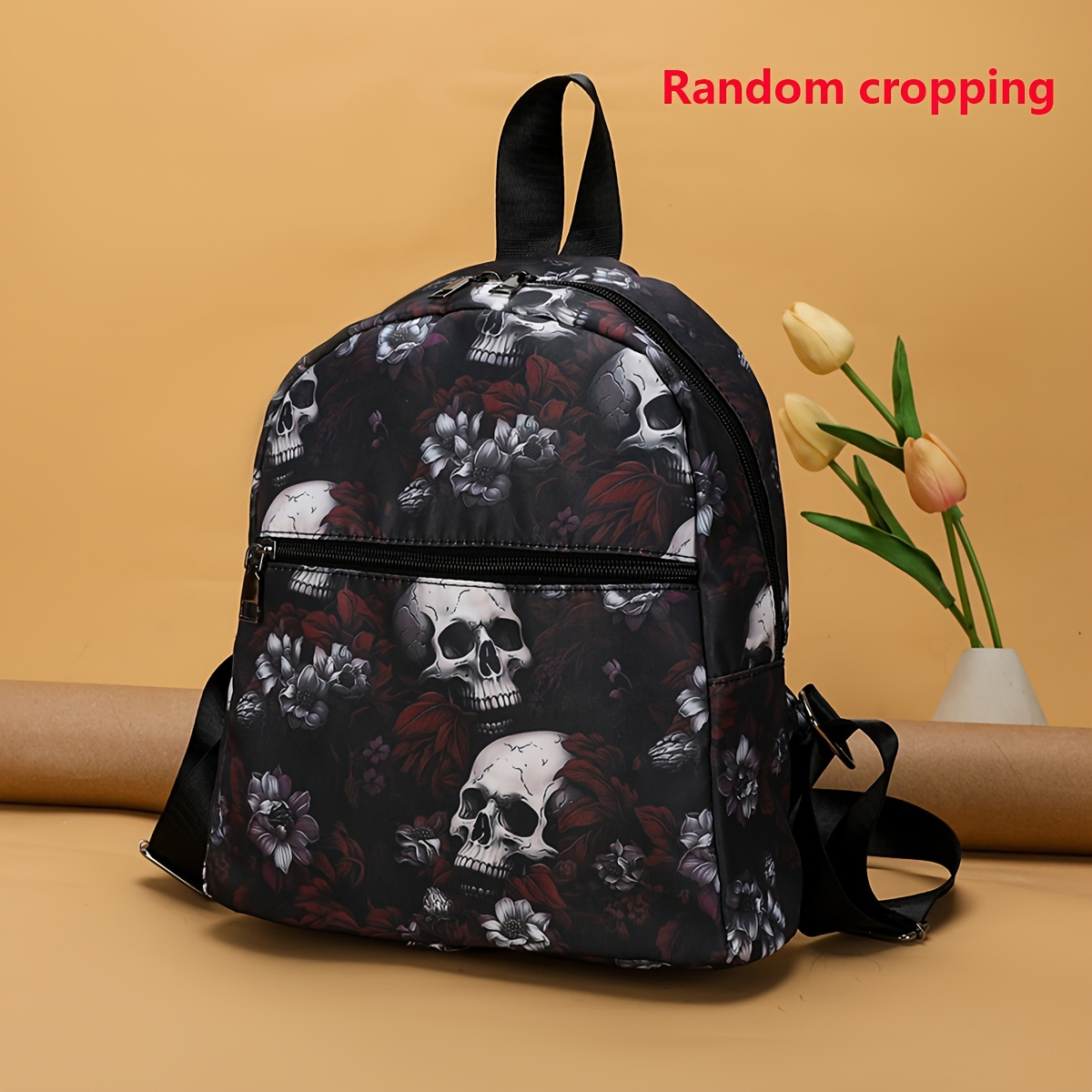 TEMU Halloween Theme Gothic Floral Punk Backpack For Women, Nylon Material Bag With Adjustable Shoulder Straps