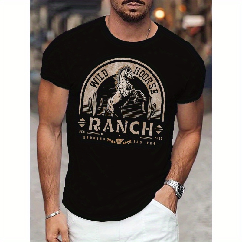 

Cacti & Ranch Print Tee Shirt, Tees For Men, Casual Short Sleeve T-shirt For Summer