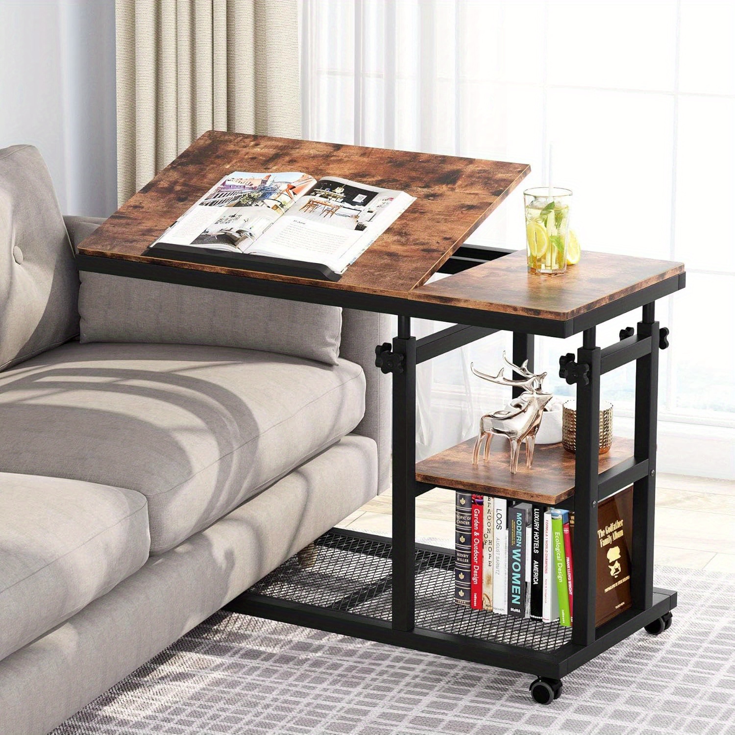 TEMU C Table With Adjustable Height And Wheels, Side Snack Table Featuring Tiltable Drawing Board, Ideal As A Sofa Bedside Laptop Stand And C Shaped