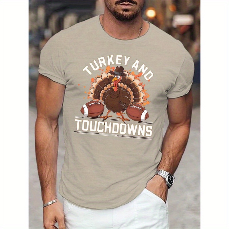 

American Footballs Turkey And Touchdowns Print Men's Summer Comfortable Tee Shirt, Versatile Breathable Tees For Men, Lightweight Round Neck T-shirt For Outdoor Activities