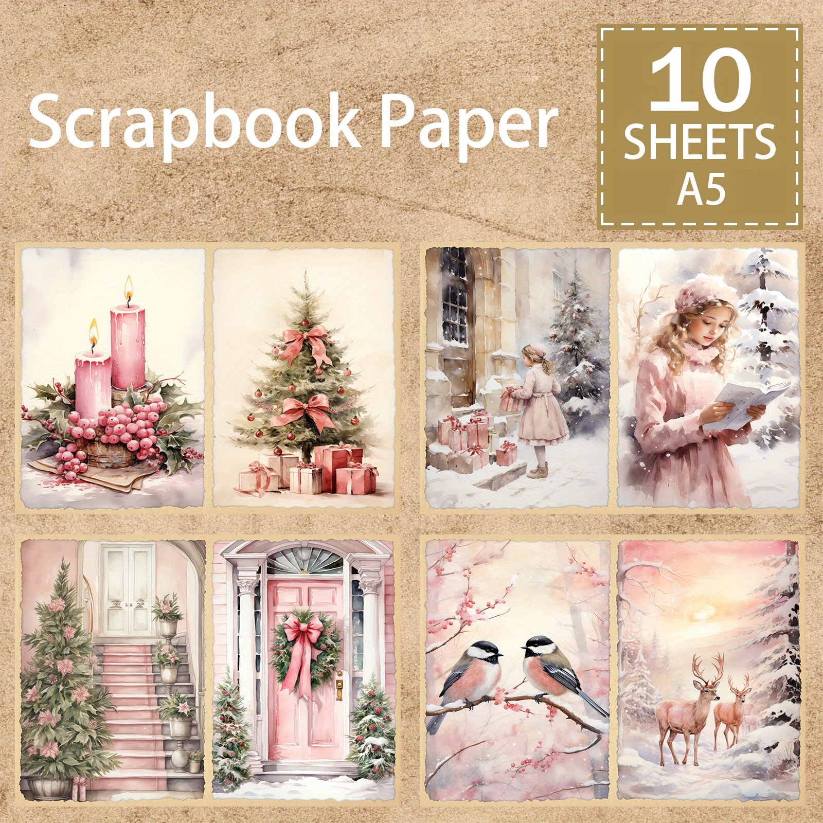 

10 Sheets Of A5 Scrapbook Paper: Festive Christmas Illustrations Featuring Deer, Snowmen, And Girls In Pink Attire