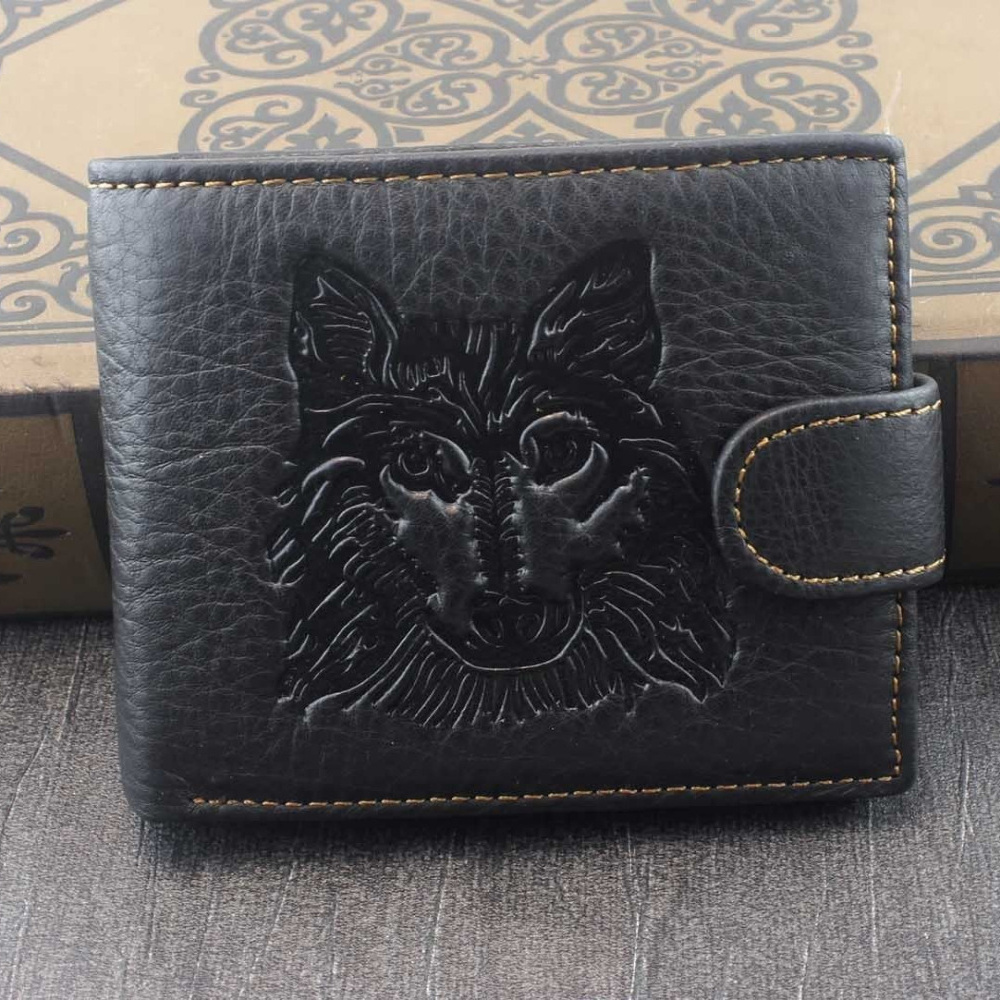 

Mens Western Genuine Leather Wolf Head Snap Card Money Coins Wallet Black L62