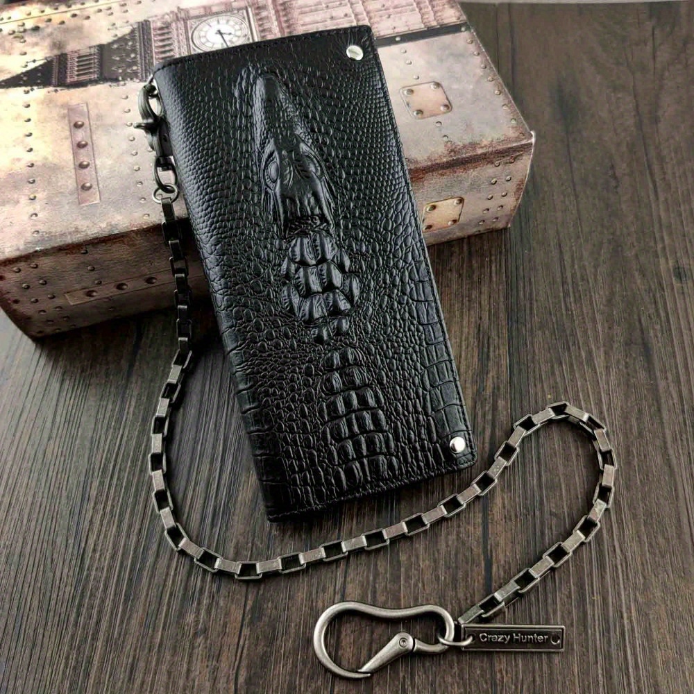 

Men's Genuine Leather Biker Wallet With Crocodile Texture & Anti-theft Keychain - Black, Design, 60cm Chain, Card Holder Slots, Closure