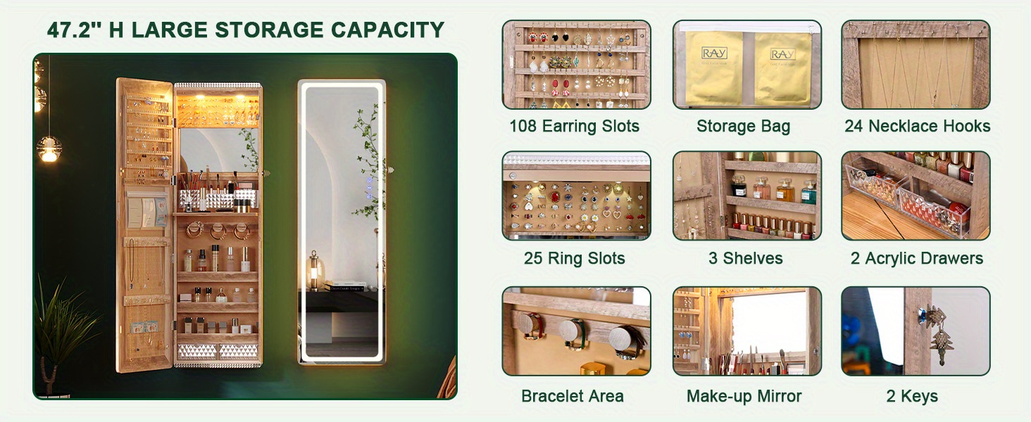  led jewelry cabinet with rgb lights 47 2 wall mounted wooden organizer full length 2 drawers lockable storage for bedroom bathroom contemporary design white hardwood details 1