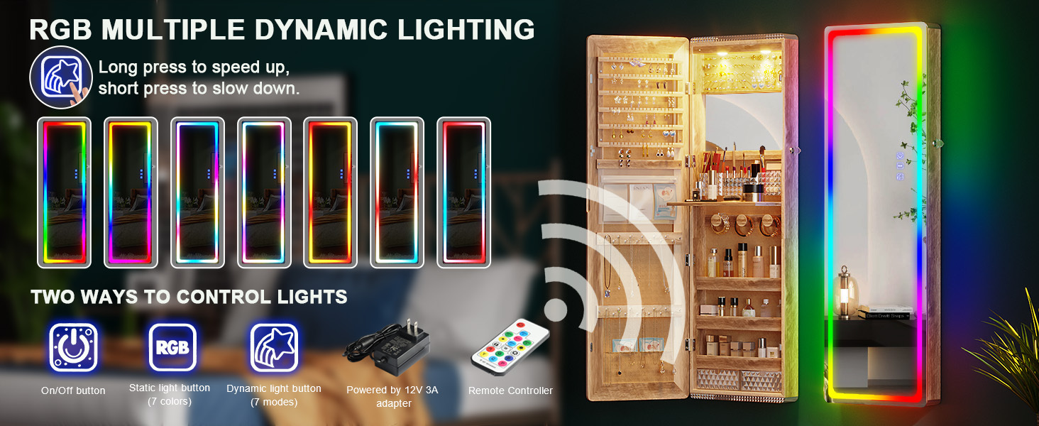  led jewelry cabinet with rgb lights 47 2 wall mounted wooden organizer full length 2 drawers lockable storage for bedroom bathroom contemporary design white hardwood details 5