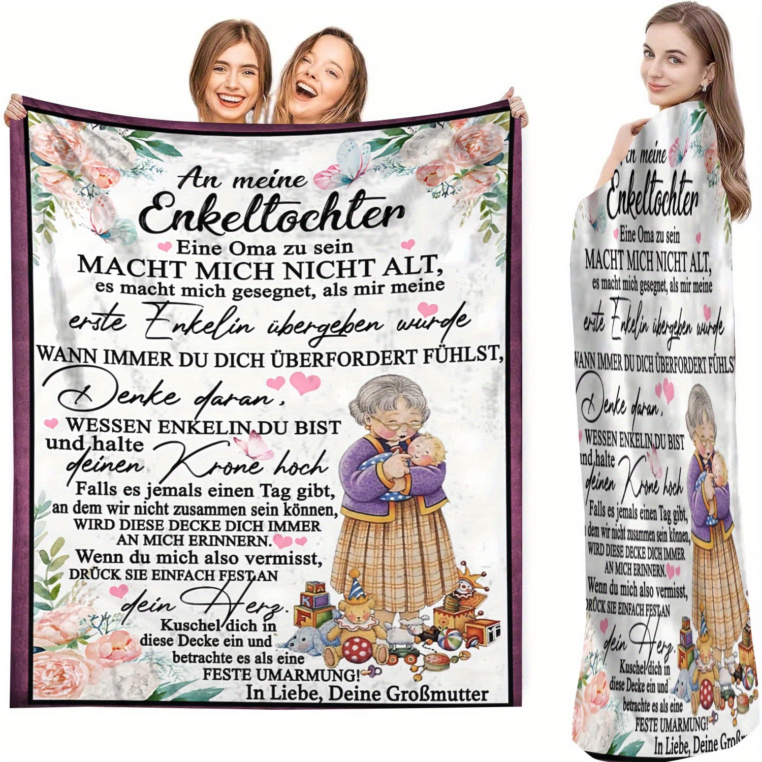 

Granddaughter Gift - Soft Flannel Throw Blanket With German Message, Vintage Style, & Tv Blanket, Machine Washable,