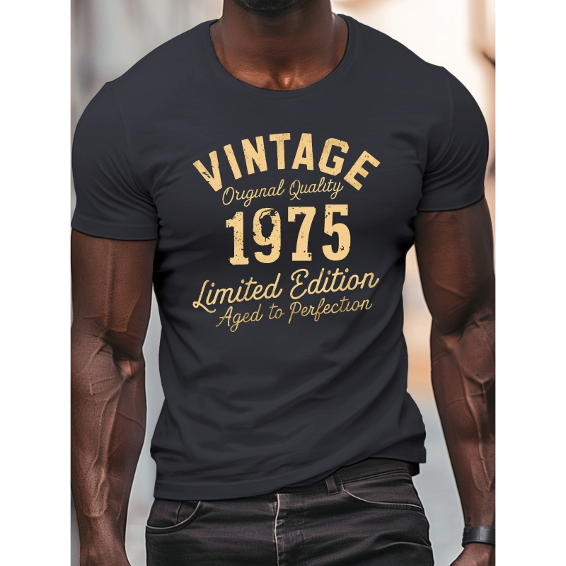 

Men' 1975 T-shirt, Casual Crew Neck Short Sleeve Tee, 100% Polyester Knit Fabric, Stretch, Regular Fit, Summer Lightweight Top - Geometric Pattern