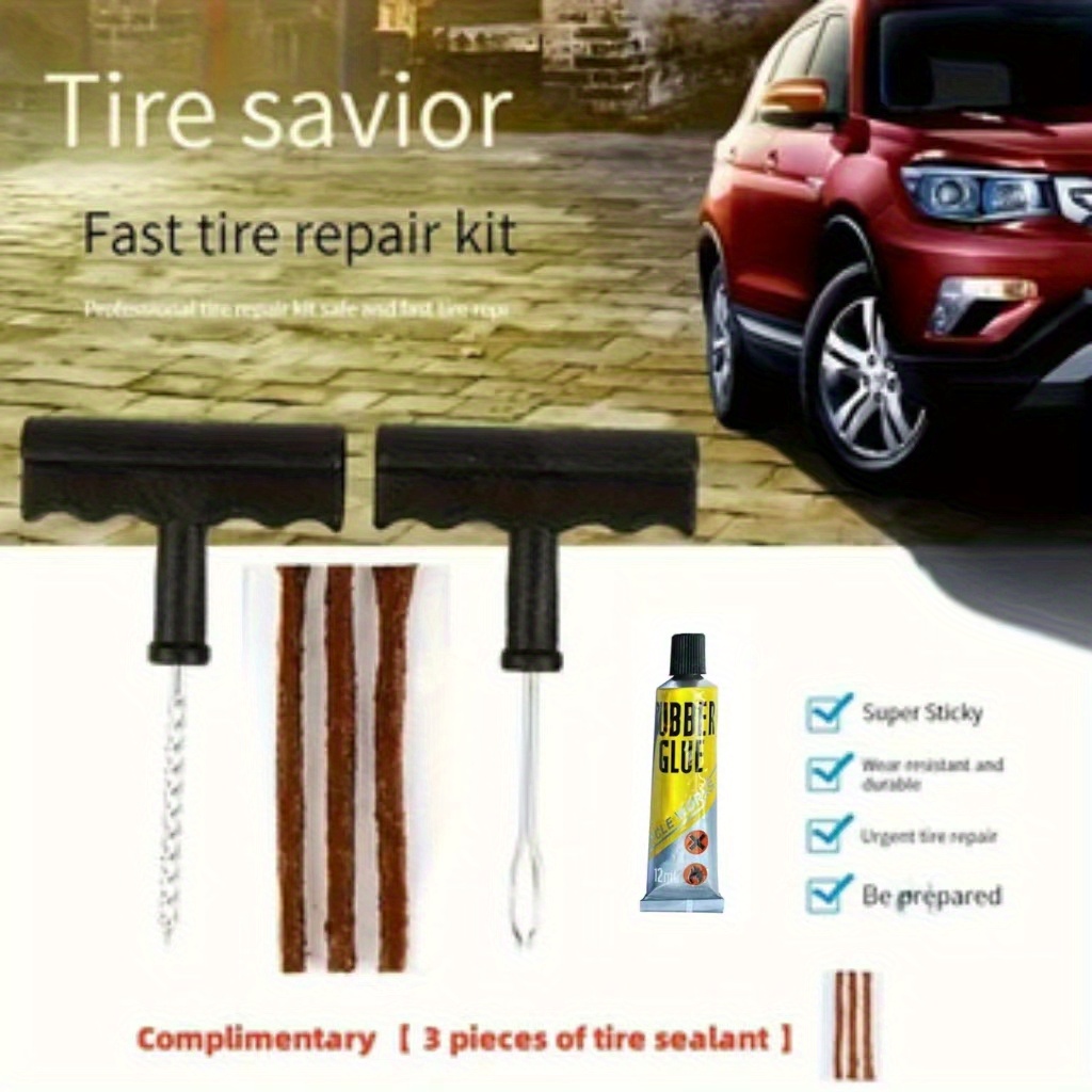 TEMU 6-piece Tire Repair Kit With Sealant - Insulation Material Tools, Quick Puncture Patch For Cars & Motorcycles, Super Sticky Rubber Glue Included