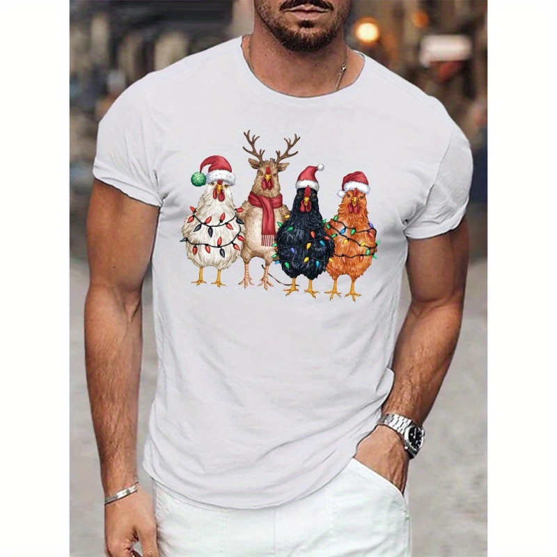 

Festive Chickens Illustration Print Men's Casual Short Sleeve T-shirt For Summer, Crew Neck, Lightweight & Breathable