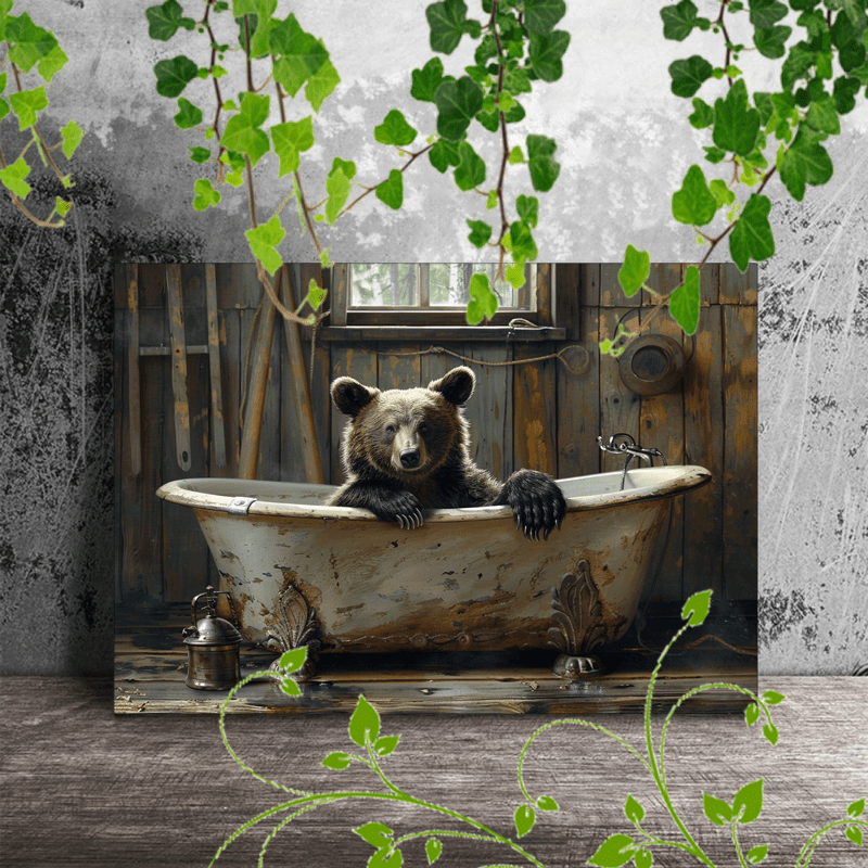 

1pc Wooden Framed Canvas Painting Artistic Printing, Corridor Home Living Room Decoration Suspensibility Bear In Bathtub, Rustic Cabin (1)