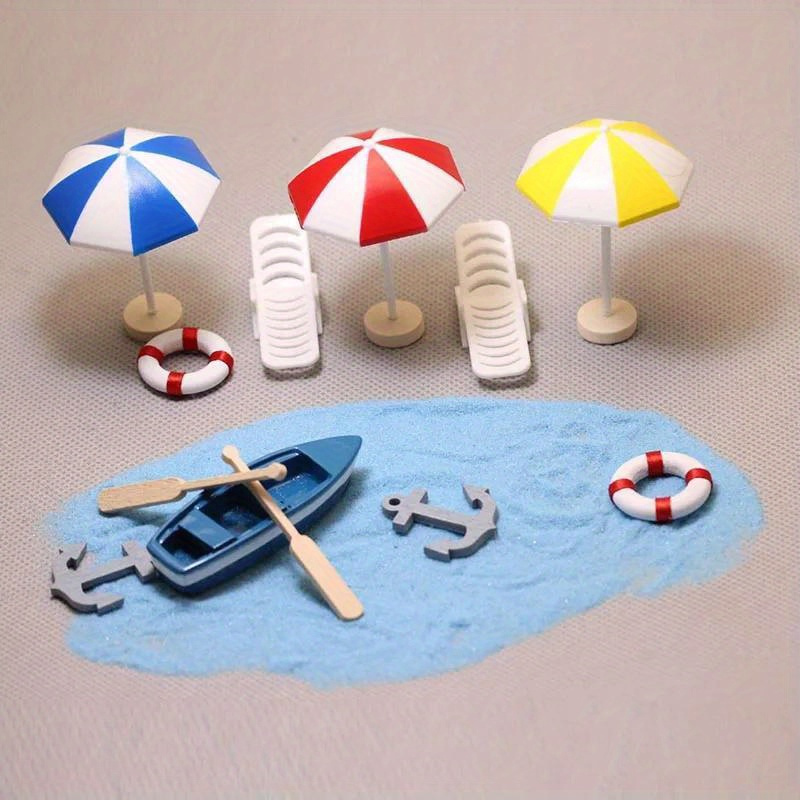 

12pcs Miniature Beach Paradise Decor Set - Vibrant Resin & Wood Summer Landscape Ornaments With Boat, Starfish, Umbrellas & More For Diy Terrariums, Fairy Gardens & Home Decor