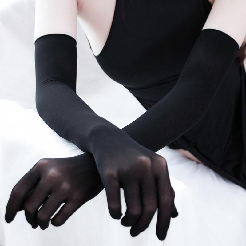 

1 Pair Of Elegant Black Sheer Long Gloves - Breathable & Mesh Design, Velvet , Sun Protection | Formal Events & Outdoor Sports, Fits Most, Transparent, Woven Design, Formal Settings