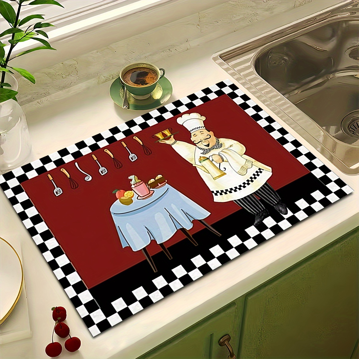 

1pc Chef-themed Kitchen Draining Mat - Absorbent, Non-slip Dish Drying Pad For Sink & Countertop, Heat-resistant Coaster