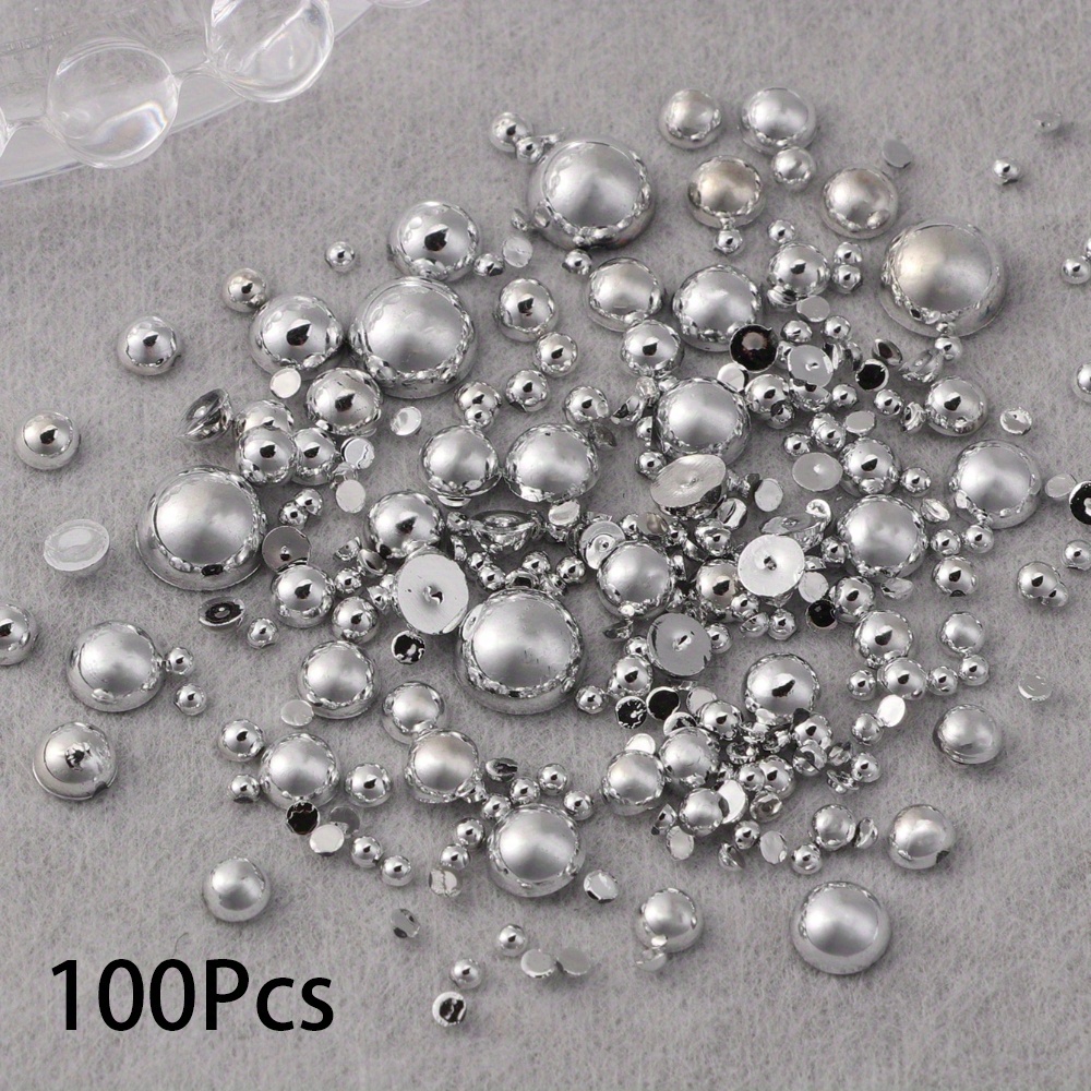 100pcs/bag Silvery Flat And Different Sizes Mixed Round Pearls Nail Art Decoration Nail Charms Nail Gems Nail Supplies