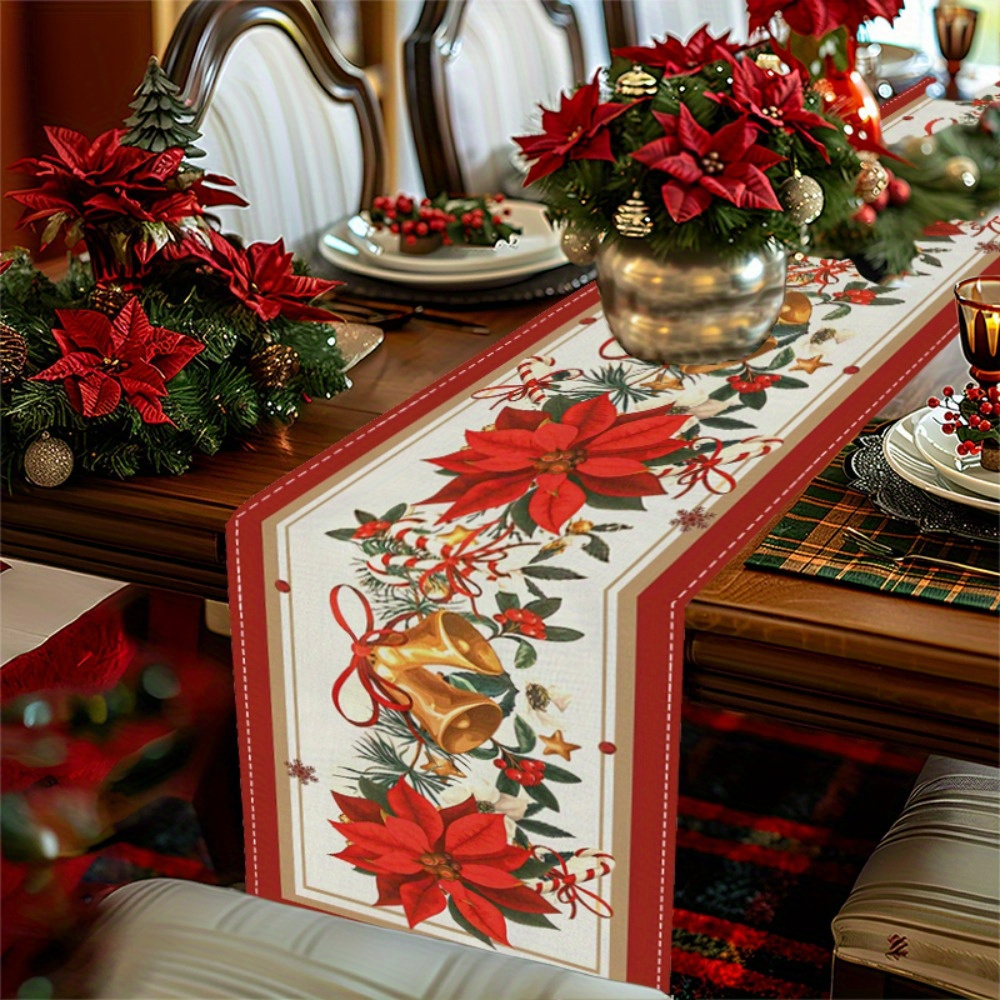 

1pc Christmas Table Runner: Red Flowers & Bells, Perfect For Holiday Decorations, Family Parties & Kitchen Décor