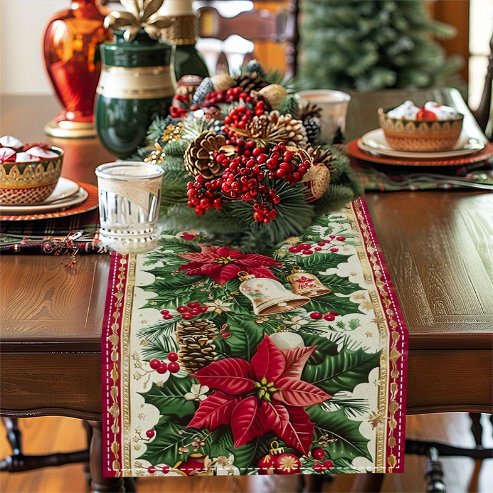 A Single Piece Of Table Runner Designed With A Christmas Theme, Showcasing Red , Bells, And Branches Of Christmas Trees, Ideal For Festive Decorations, Family Gatherings, And Kitchen Embellishments