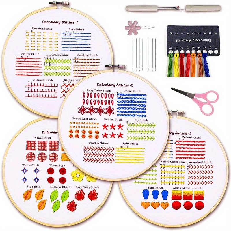 

4 Sets Embroidery Stitches Practice Kit, Embroidery Kit For Beginners With Embroidery Patterns, Beginner Embroidery Kit, Embroidery Kits For Adults, Hand Embroidery Kit