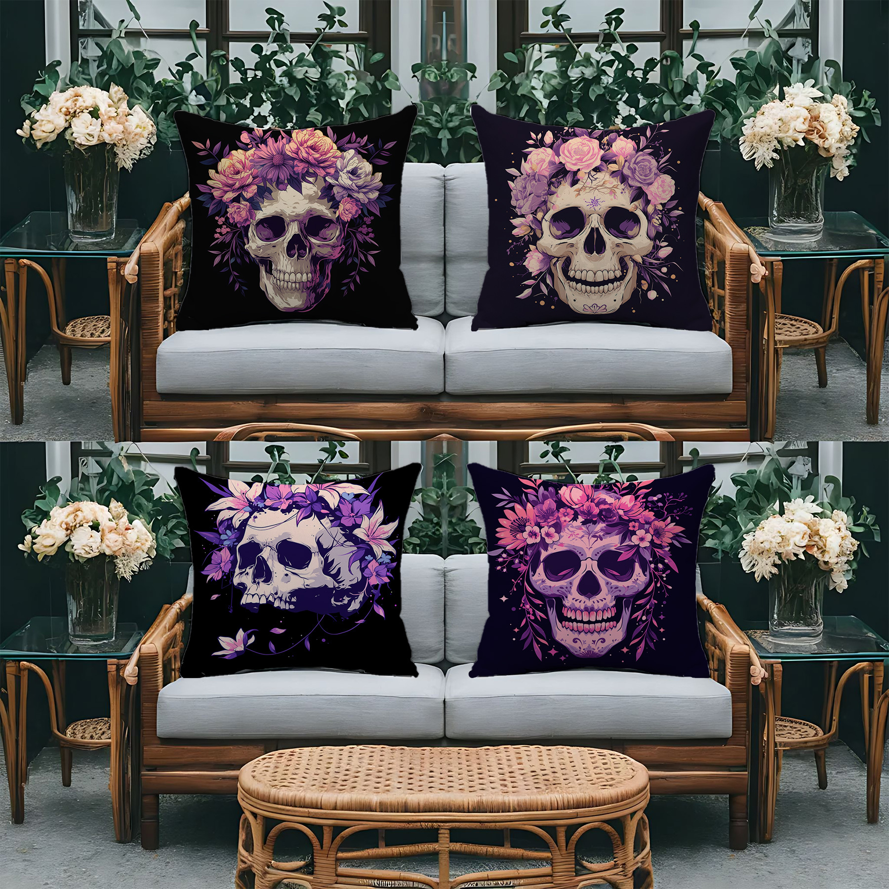 

4pcs Set Of Mexican Day Of The Dead Themed Pillow Covers - Floral Design In Purple & Pink, 18x18 Inches - Perfect For Living Room, Bedroom, Sofa Decor For And Christmas (cover Only, No Insert)