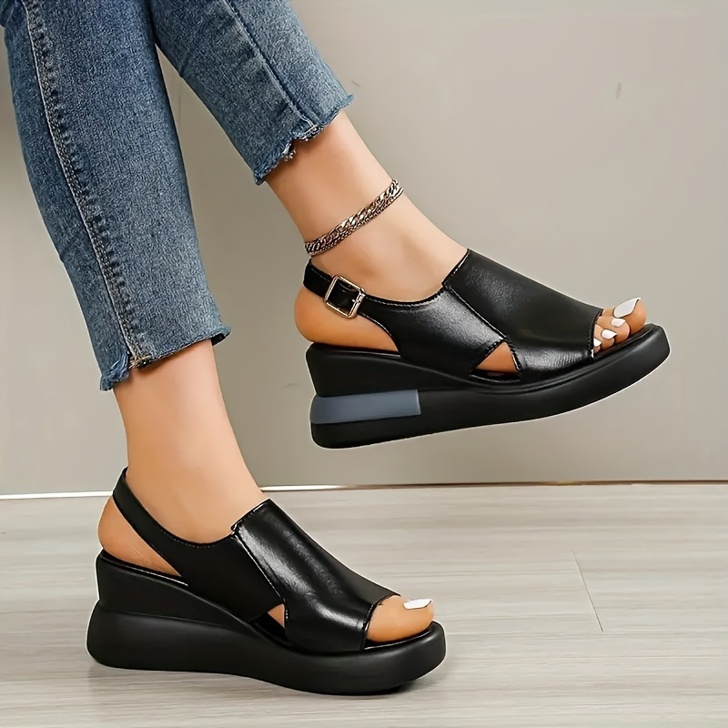 Comfortable Flat Heel Platform Wedge Sandals for Women - Soft Faux Upper, Buckle Strap, Open Toe Design, Polyurethane PU Sole, All-Season Casual Shoes for Everyday Wear