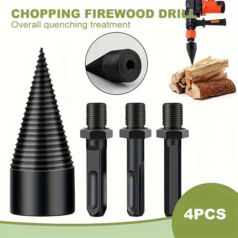 

4pcs Firewood Log Splitter Drill Bit Set, Inverted Taper Design, No-electricity Power Supply Required, Heavy-duty Splitting Drill Bits For Wood Chopping