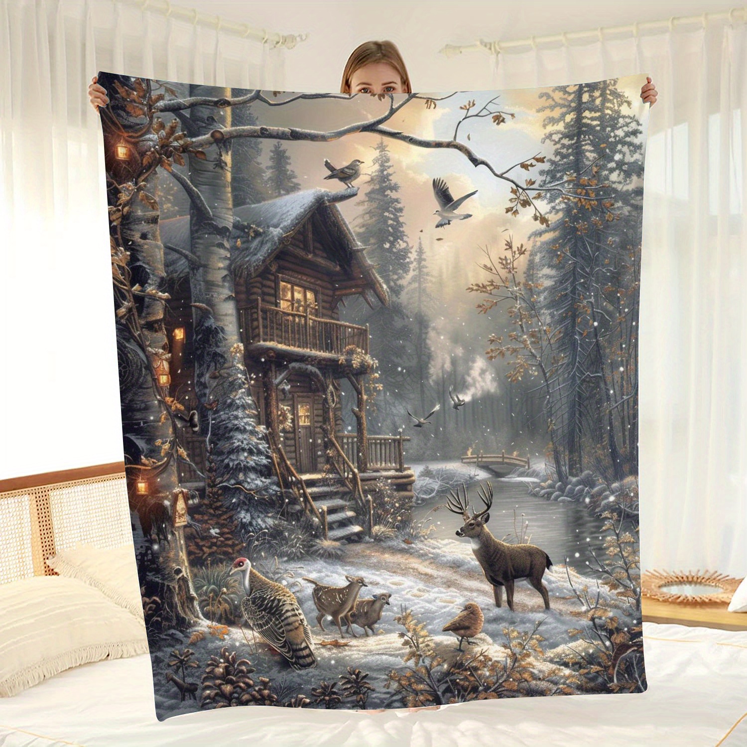 

Vintage Cabin In The Woods Flannel Throw Blanket – All-season Cozy Polyester Knit – Digital Print With Wildlife And Nature Theme – Multipurpose Soft Gift For Friends – 200-250g Lightweight Fabric