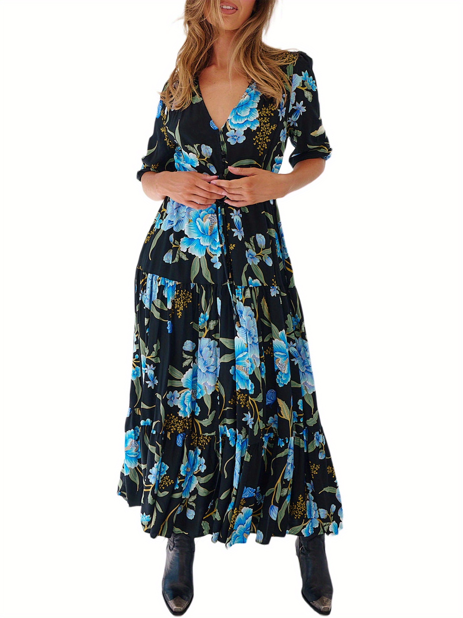 womens floral print v neck maxi dress half sleeves slit hem - Temu