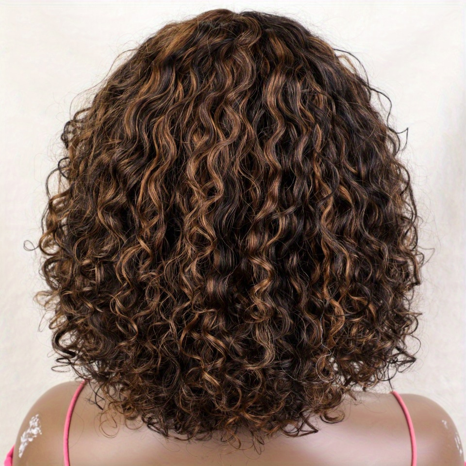 ombre brown 10 inch short curly bob wig bangs human hair - Temu display picture 1