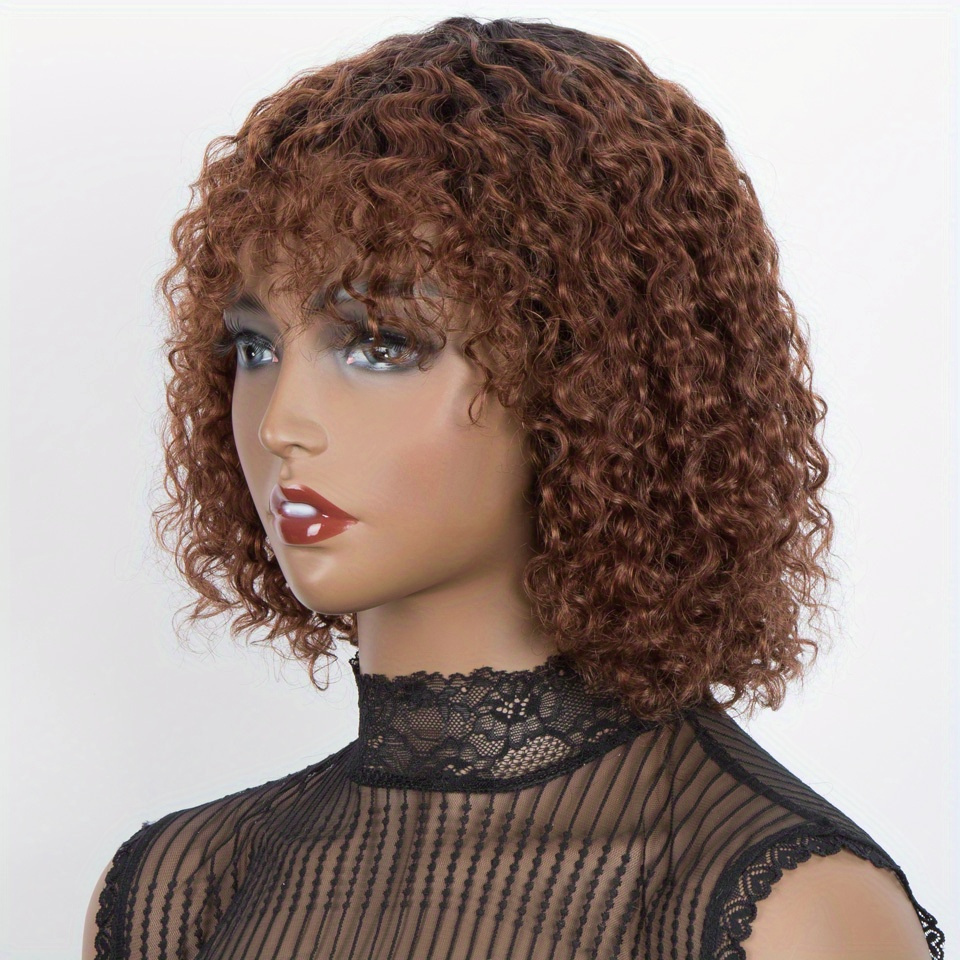 ombre brown 10 inch short curly bob wig bangs human hair - Temu display picture 3