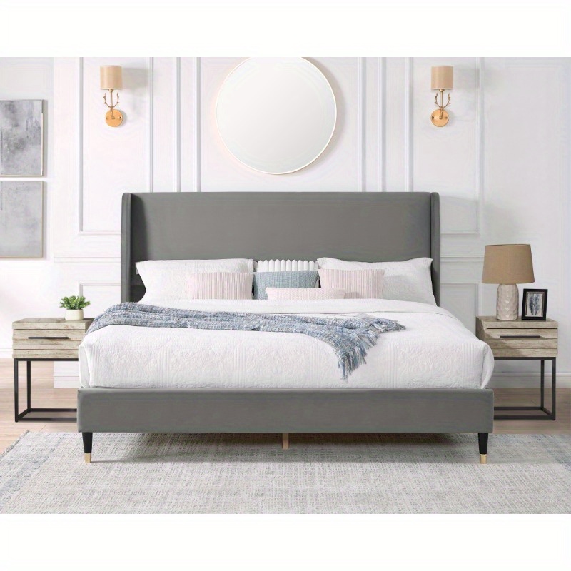 Gray Velvet Wingback Platform Bed Queen Velvet Headboards - Temu