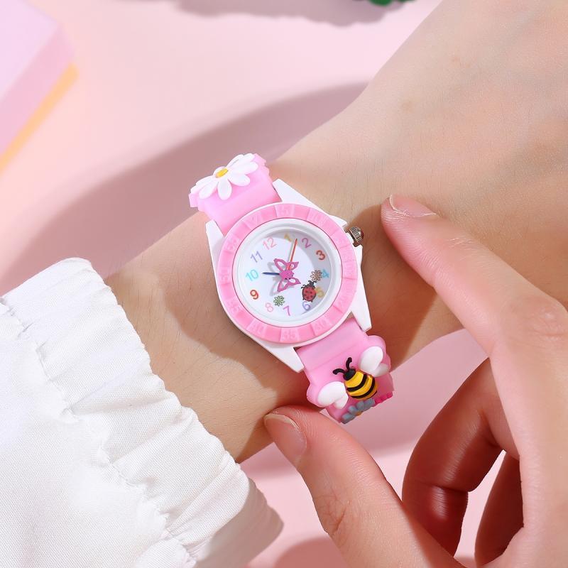 Cute Cartoon Bee and Daisy Kids Wrist Watch, PVC Strap, Plastic Case,  Quartz Movement, Electronic Round Dial, Pointer Display, Non-Waterproof 