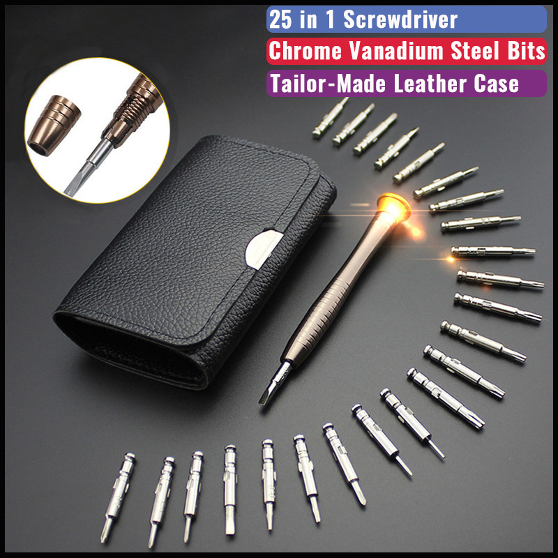 

25-in-1 Precision Screwdriver Set With Steel Bits - Flat & Head Styles - Compact Edc Multi-tool Kit For Electronics, Laptop, Pc & Watch Repair - Professional Quality With Leather Case