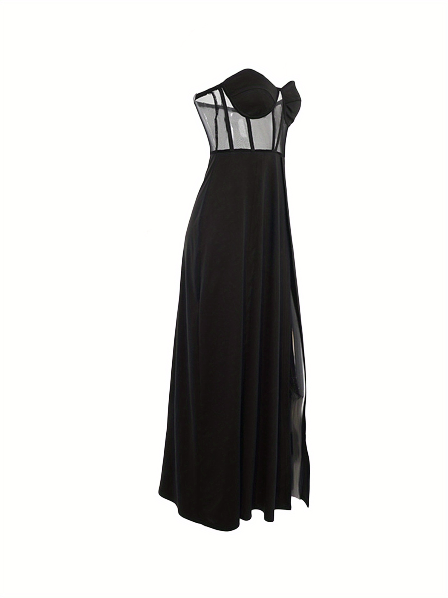 elegant shoulder black maxi dress women sheer mesh panel - Temu