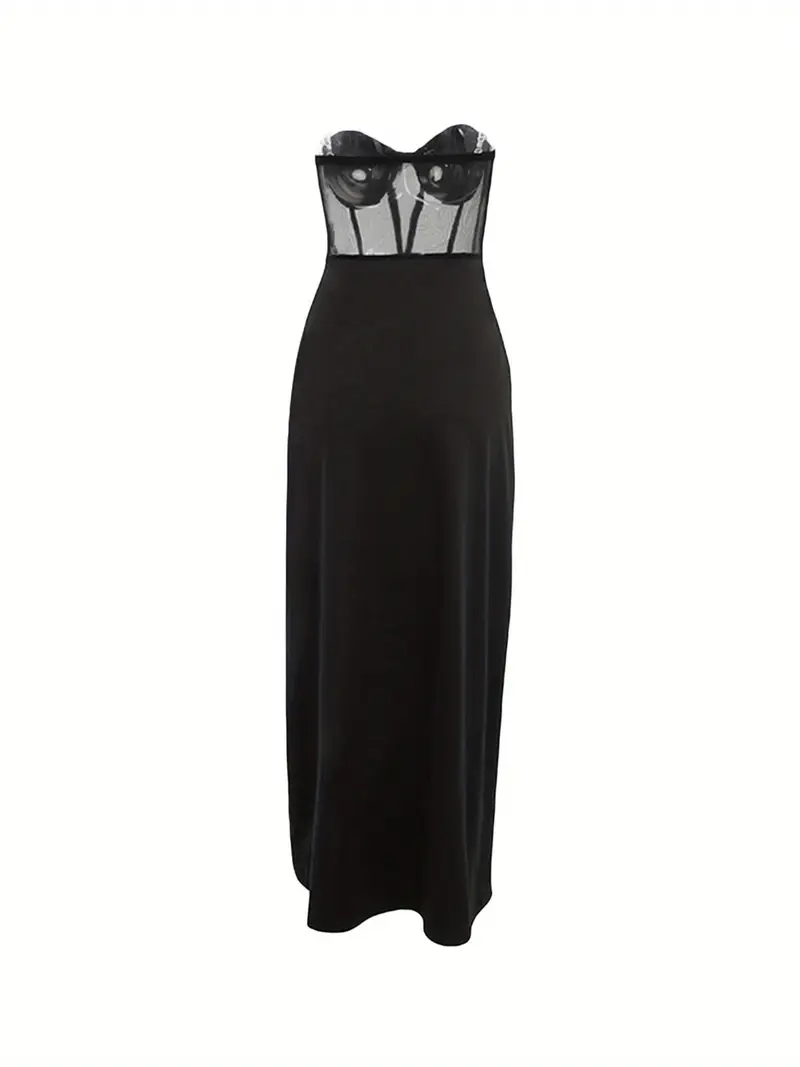 elegant shoulder black maxi dress women sheer mesh panel - Temu elegant shoulder black maxi dress women sheer mesh panel - Temu