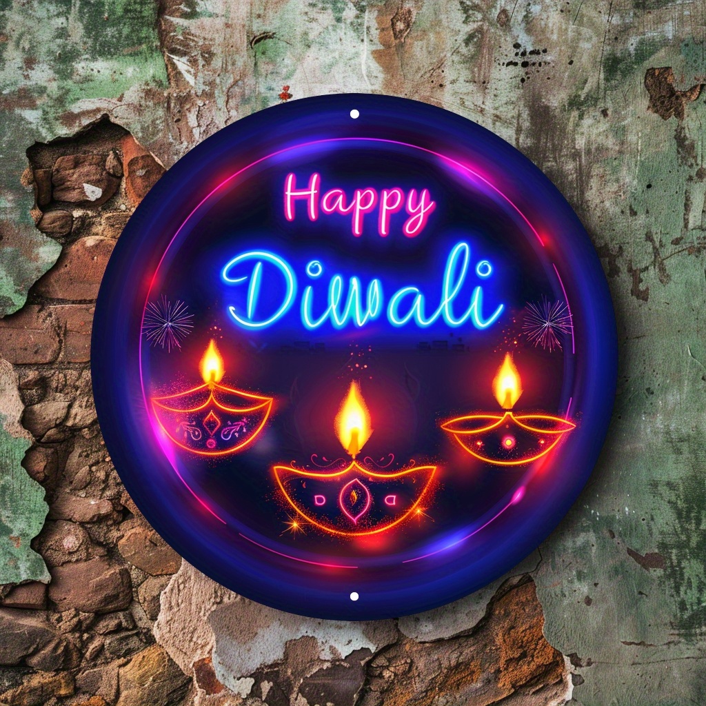 

Neon-style 'happy Diwali' Round Aluminum Sign - Home & Garden Decor, Ideal Gift For Fantasy Enthusiasts