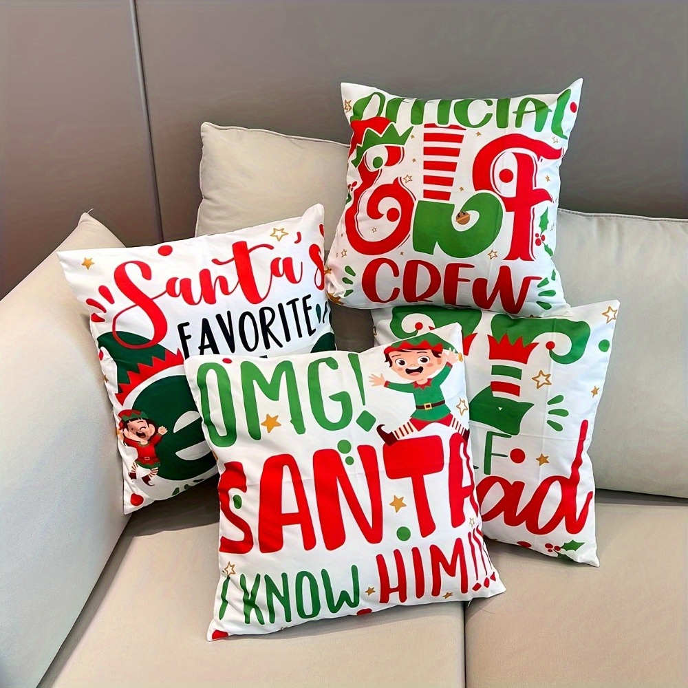 

Set Of 4 Knit Fabric Polyester Christmas Throw Pillow Covers, Traditional Style Decorative Cushion Cases With Elf & Letter Patterns, Zipper Closure, Machine Washable For Home Party Decor - 18x18 Inch