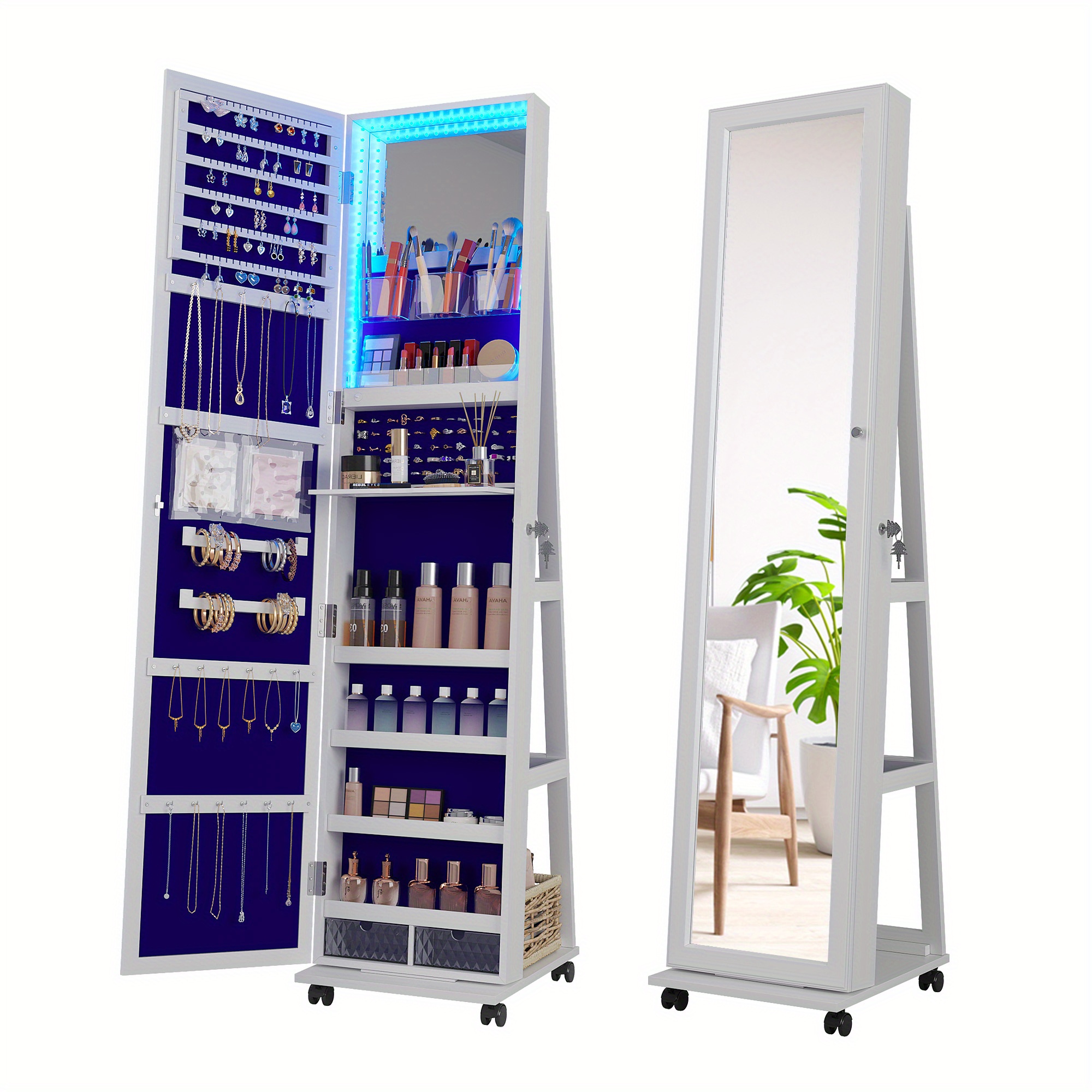 TEMU Hnebc 360° Rotating Jewelry With Lights, Lockable Mirror Jewelry Cabinet, Standing Full Length Mirror With Jewelry Storage, Large Jewelry Mirror Organizer, Wheels, Foldable Makeup Shelf
