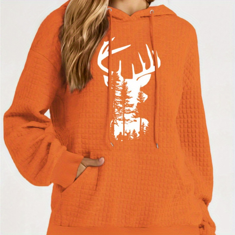 

Forest & Deer Pattern Print Drawstring Pocket Pullover Hoodie, Casual Long Sleeve Comfortable Sports Hooded Sweatshirt, Women's Clothing