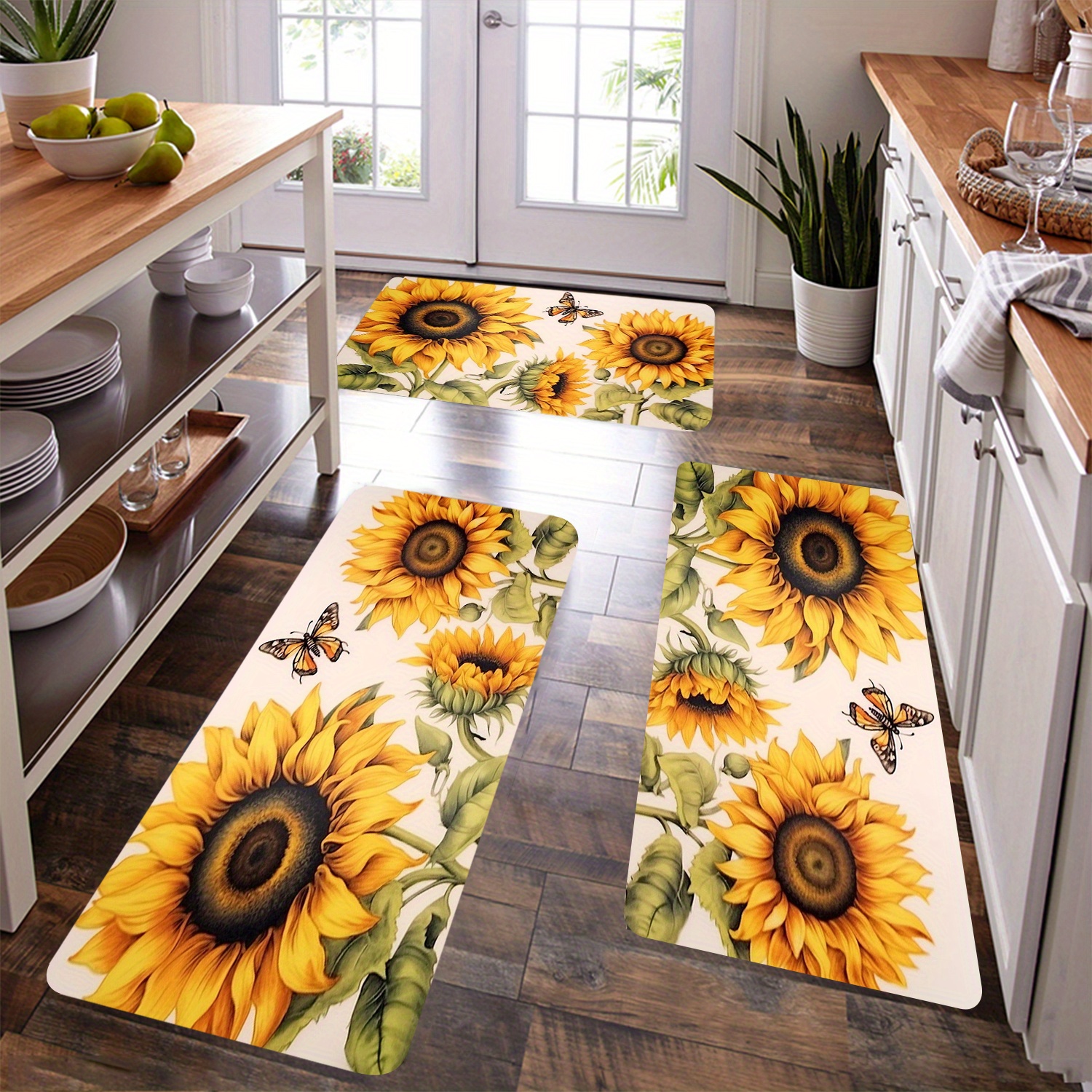 

3pcs Sunflower Kitchen Rugs Set - Anti-slip, Oil Proof, Water Absorbent Flannel Mats For Bedroom, Living Room, Bathroom - 100% Polyester, Machine Washable