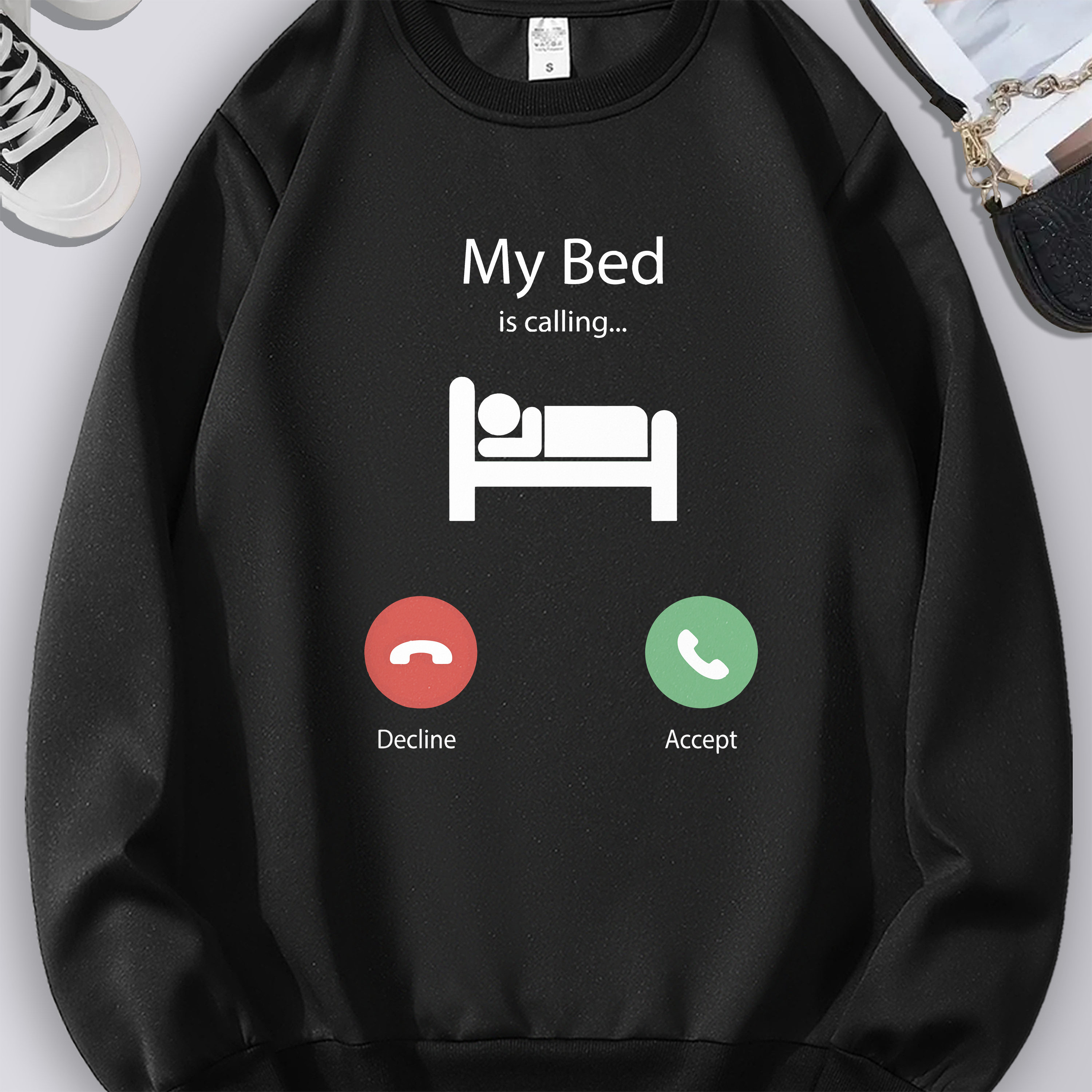 

Homecoming Season My Bed Is Calling Is Coming Graphic Print Crew Neck Hoodies Print Long Sleeve T-shirt For Women Casual, Spring Summer Fall & Winter, Versatile Wardrobe Staple