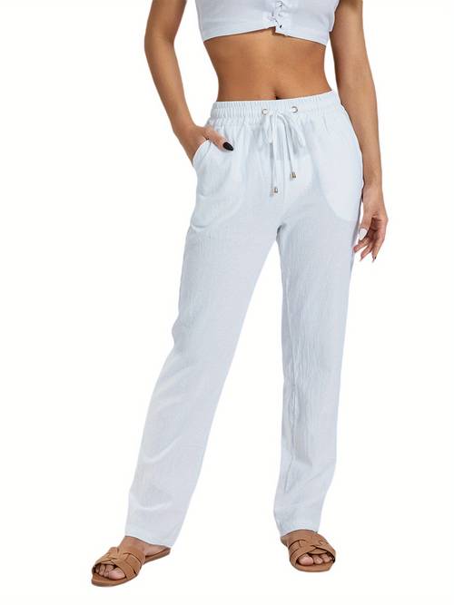 womens cotton wide leg pants casual solid color with drawstring for