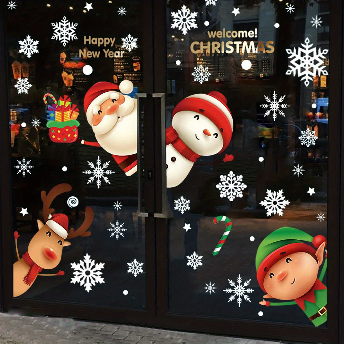 christmas window clings static decals classic plastic double sided holiday decorations reusable santa snowman reindeer stickers non   for glass door display festive seasonal ornament details 4