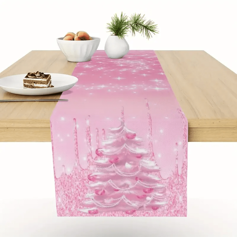 

Pink Christmas Table Runner With Tree Design - 13x72" Polyester, Perfect For Holiday Kitchen Decor & Parties