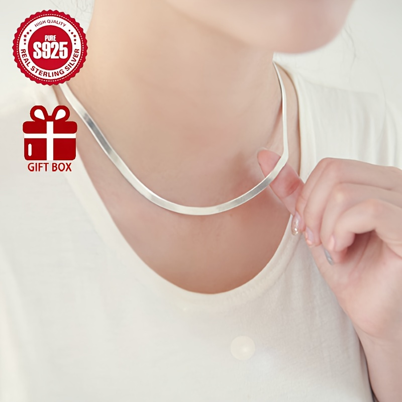 

925 Sterling Silver Hypoallergenic Flat Snake Bone Necklace Brilliant Silver Blade Chain Clavicle Chain For Valentine's Day Gift, With Anti-oxidation Gift Box Snake Bone Chain Necklace: 0.18oz