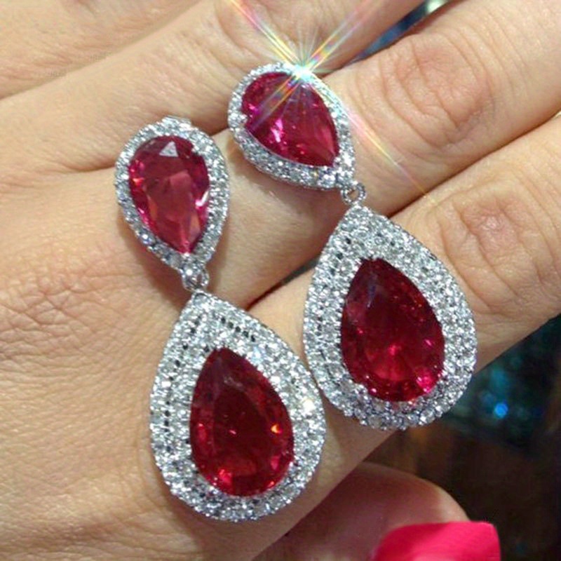 

Wedding Bridal Earrings Long Water Drop Zirconia Earrings Imitation Ruby Earrings For Women