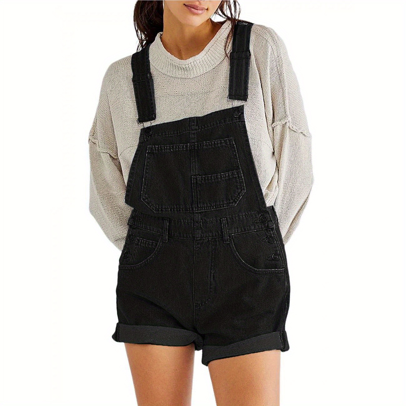 

Women Denim Bib Overalls Adjustable Straps Pocket Romper Shorts Casual Rolled Cuff Shortalls